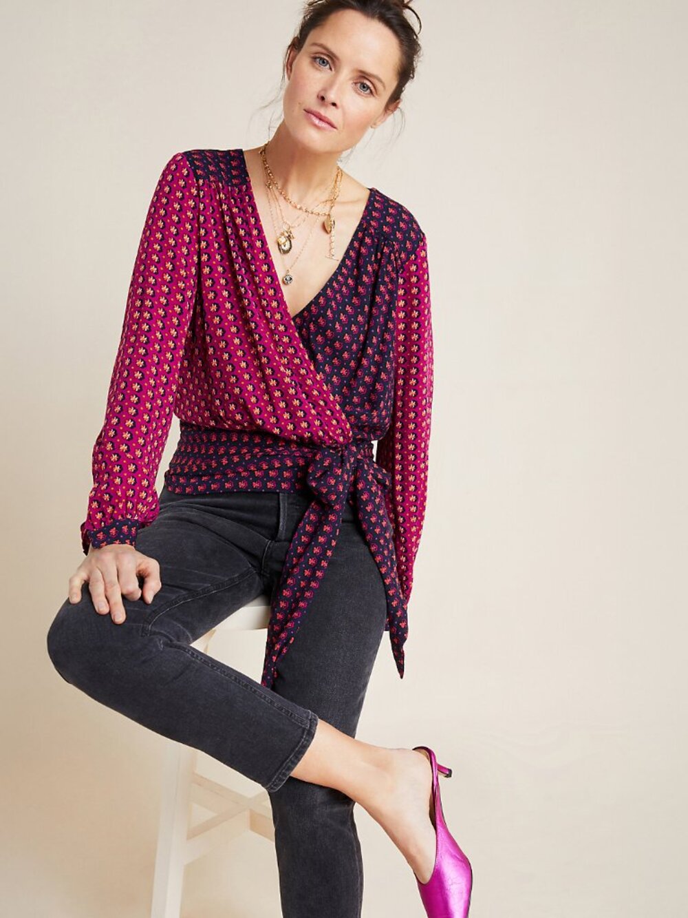 Maeve Pink and Navy Mixed-Print Wrap Blouse